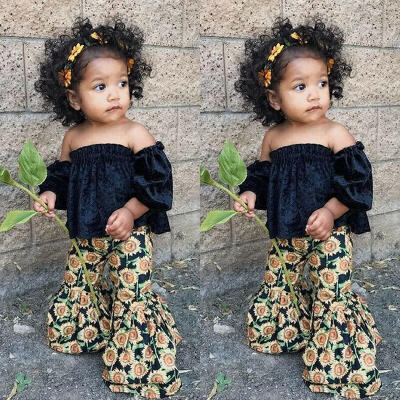 

2PCS Summer Toddler Kids Baby Girls Off-shoulder Tops Sunflower Flared Pants Outfits Fit For 1-6Y