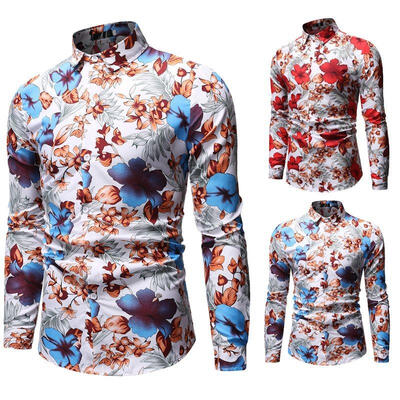 

Mens Shirt Fashionable Casual Slim-fit Floral Printed Long Sleeve Shirts