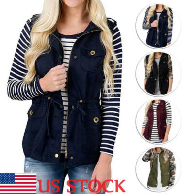 

Women Cargo Utility Safari Vest Multi Pockets Military Bomber Zip Up Jacket USA