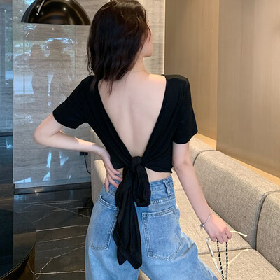 

Summer Solid Color Womens T-shirt Deep V Neck Wrap Sexy Slim Fit T-shirt