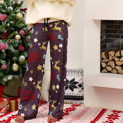 

Christmas Print Winter Mid Waist Wide Leg Pants Loose Frenulum Casual Lady Trousers