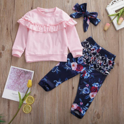 

US Sweet Newborn Baby Girl Kids Tops Floral Pants Headband Clothes 3PCS Sets