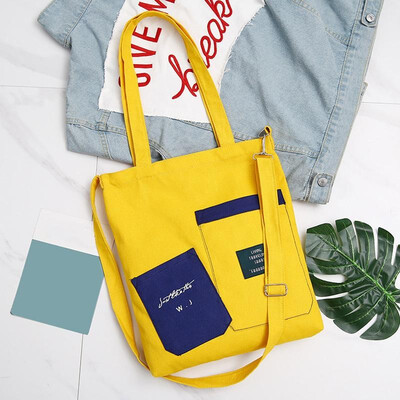 

Women Canvas Crossbody Bag Color Block Splicing Letters Print Pockets Large Capacity Preppy Shopping Bag