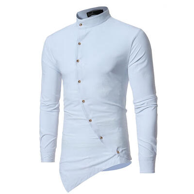 

Fashion Irregular Hem Long-sleeved Shirt Stand Collar Solid Color Casual Shirt For Men