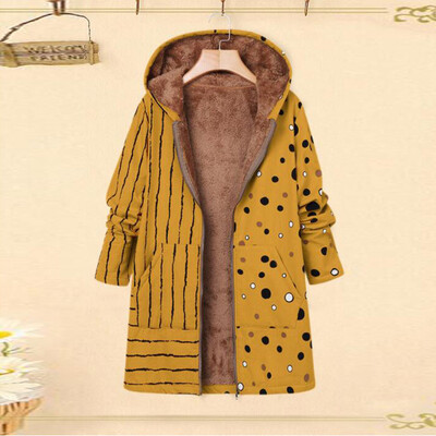 

Toponeto Plus Size Women Winter Warm Printed Pockets Thicker Zipper Hooded Coat Outwear