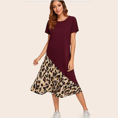 

Tailored Women Short Sleeve O-Neck Leopard Printing Splice A-Line Dress Ankle-Length