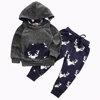 

Toddler Baby Boy Elk Print Hoodie Cotton Tops Long Pants Clothes 2Pcs Outfits Set
