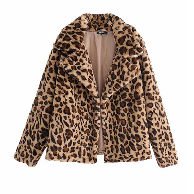 

Toponeto Womens Winter Long Sleeve Leopard Printed Coat Splicing Cardigan Plush Jacket