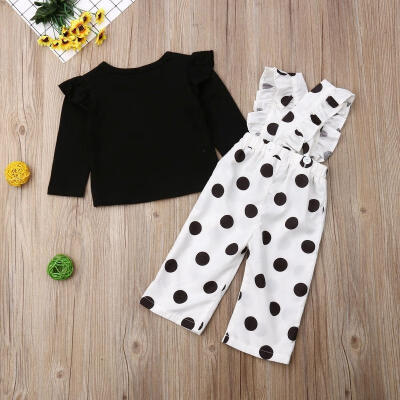 

2Pcs New Baby Girl Long Sleeve Ruffle Tops Polka Dots Suspender Pants Outfits Set