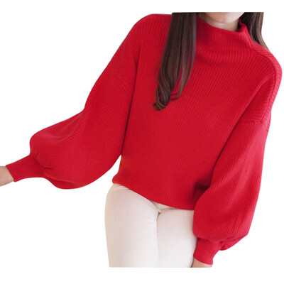 

〖Follure〗Women Lantern Sleeve Knit Sweater Jumper Loose Turleneck Outwear Top Blouse BK