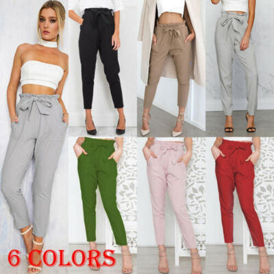 

New Womens High Waist Paperbag Trousers Ladies Striped Cigaratte Pants Size 6-14