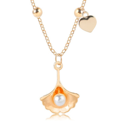 

2019 Women Fashion Double Pendant Necklace Heart And Shell With Pearl Trendy Jewelry Heart Pendant Necklace Female Gold Color