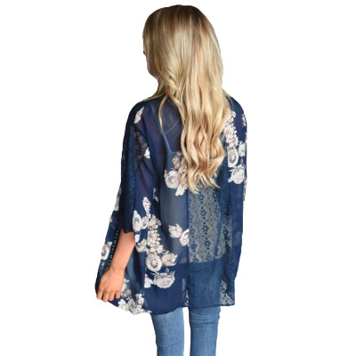 

New Women Chiffon Kimono Cardigan Floral Print Hollow Out Loose Outerwear Beachwear Bikini Cover Up Blue