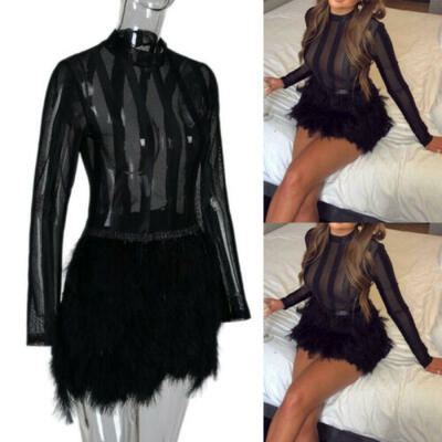 

Womens Sexy Bodycon Sheer Mesh Dress Long Sleeve Faux Fur Party Short Mini Dress