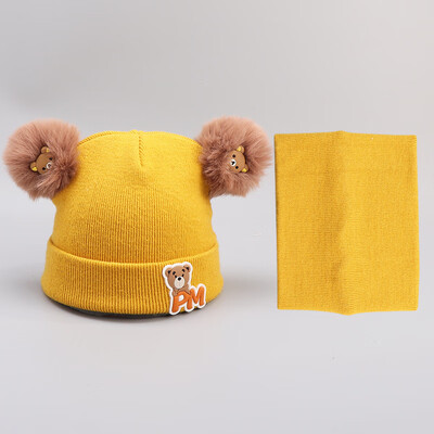 

Dongyun new autumn&winter childrens children twin ball knitted cotton collar cover hat to keep warm two-piece hat