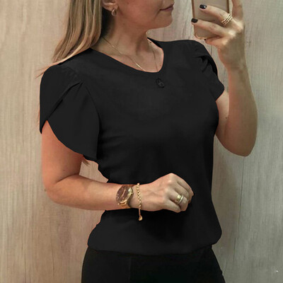 

Nomeni Womens Summer Short Sleeve Shirt Solid O-neck Casual Blouse Tops
