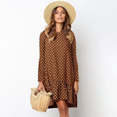 

Fashion Women Polka Dot Dress Long Sleeves O Neck Ruffles Vintage Holiday Boho Beach Casual Shift Dress