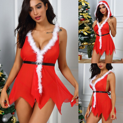 

Gobestart Women Sexy Christmas Festival V-neck Backless Mini Hooded Dress Red Lingerie