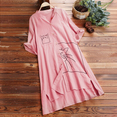 

Nomeni Women Plus Size Loose Linen Swing Vintage V-Neck Pocket Print Tops Shirt Blouse