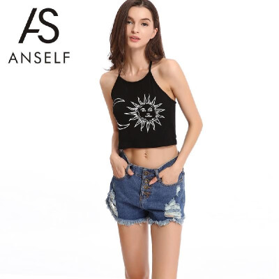 

New Fashion Women Halter Crop Top Sun Moon Print Backless Tank Top Vest T-Shirt Black