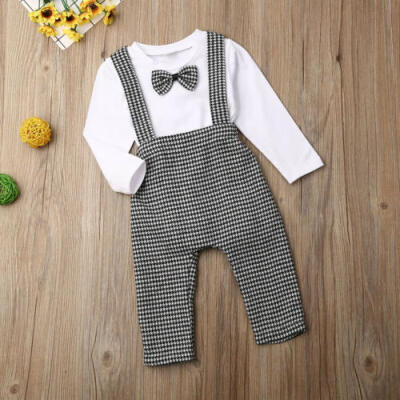 

2pcs Newborn Kids Baby Boy Clothes Tie Romper TopsLattice Bib Pants Outfits Set