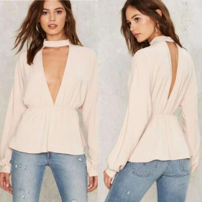 

UK Womens Casual Blouse V Neck Long Sleeve T-Shirt Casual Halterneck Tee Tops