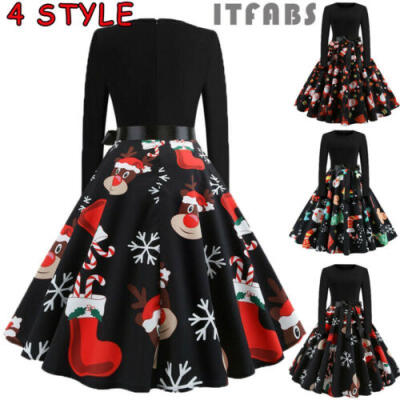 

Womens Vintage Christmas Swing Ladies Long Sleeve High Waist Party Skater Dress