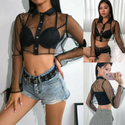 

Women Girls Mesh Sheer Crop Top Long Sleeve Transparent T-Shirt Blouse Tee Top