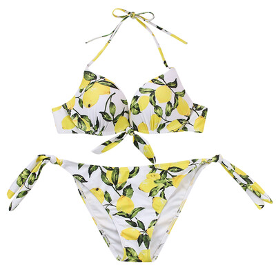 

Sexy Women Swimsuit Push Up Beach Swimwear Lemon Print Halter Bikini Set