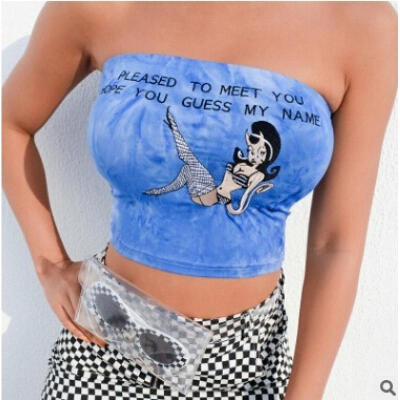 

Women&39s Girls Spring Summer Blue Mermaid Letter Embroidered Tube Top Vest Top AU