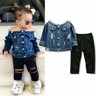 

Toddler Kid Baby Girls Denim Jacket Off Shoulder Tops Pants Autumn Clothes Set