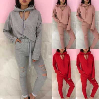 

US Women Sports Hoodies Sweatshirt Tops Ripped Hole Pants Set 2Pcs Tracksuit Set