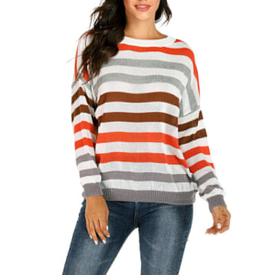 

New Contrast Striped Round Neck Sweater Loose Casual Wild Knit Top