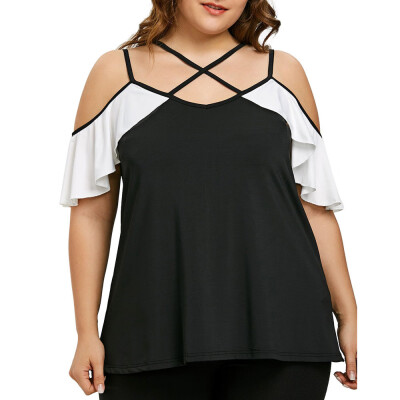 

Roseonmyhand Fashion Womens Plus Size Cold Shoulder Flounced Strapless Patchwork T-shirt Tops