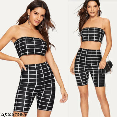 

Women Two-Piece Check Romper Crop Top Shorts Jumpsuit Summer Set Outfits 6-14