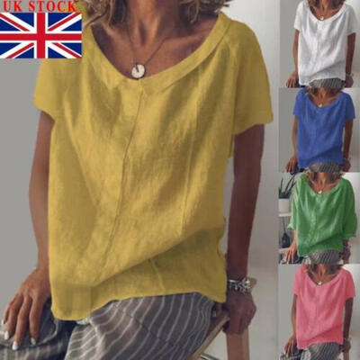 

UK Women Summer Plain Scoop Neck Short Sleeve Top T-shirt Linen Blouse Plus Size