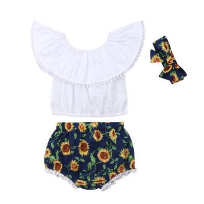 

Summer Toddler Baby Girl Clothes Ruffle Tops Sunflower Shorts Outfits Sunsuit