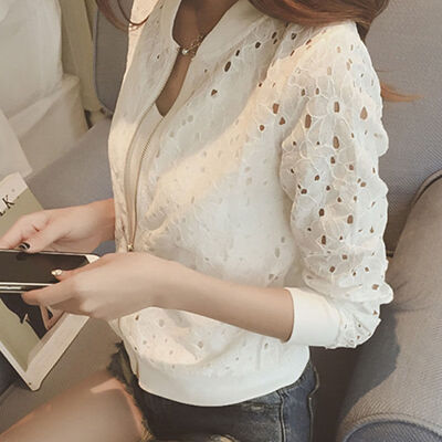 

Summer Women Girl Bomber Jacket Lace Sunscreen Shirt Short Thin Baseball Coat