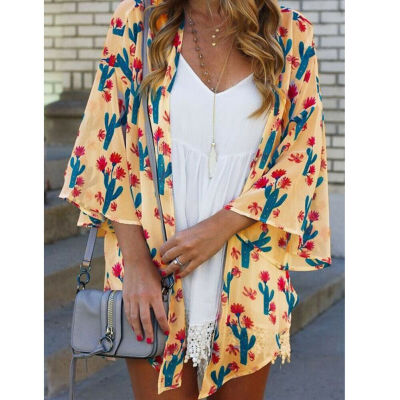 

Women Floral Print Chiffon Loose Shawl Kimono Cardigan Top Cover up Shirt Blouse