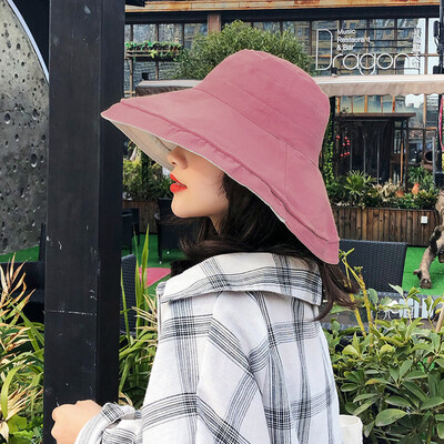 

New eaves sunscreen female hat spring&autumn foldable cotton linen hat double-sided sunshade fisherman hat sun hat