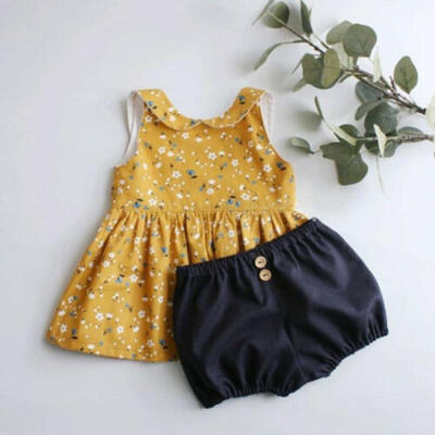 

US Summer Toddler Baby Girls Clothes Flower Sleeveless Tops Shorts 3Pcs Outfits