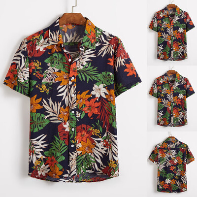 

Toponeto Mens Multi Color Lump Chest Button Short Sleeve Round Hem Loose Shirts Blouse