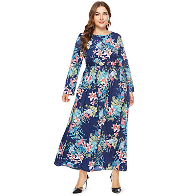 

Round Collar Long Sleeve Leaf Floral Print Plus Size Women Maxi Dress
