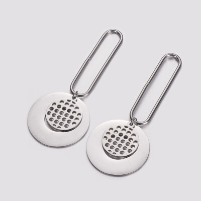 

304 Stainless Steel Dangle Stud Earrings Flat Round&Oval Stainless Steel Color 72mm Pin 08mm