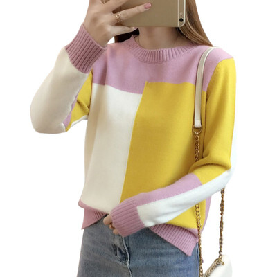 

2019 Winter Fashion Contrast Color Sweater Women Long Sleeve Jumper Women O Neck Knitted Sweater Female Pullover pull femme