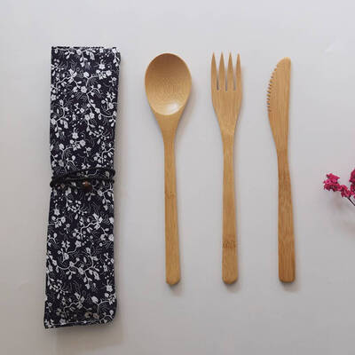 

Natural Travel Portable Simple Bamboo Cutlery Utensils Flatware Pack Kit Cloth Bag Included