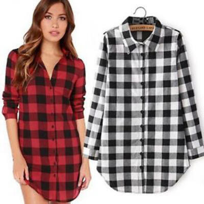 

Fashion Women Long Sleeve Blouse Plaid Print Shirt Single Breasted Cotton Shirt
