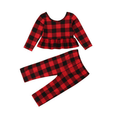 

Toddler Kids Baby Girl Checks Clothes T-shirt Top Pants Outfit Sets Tracksuit