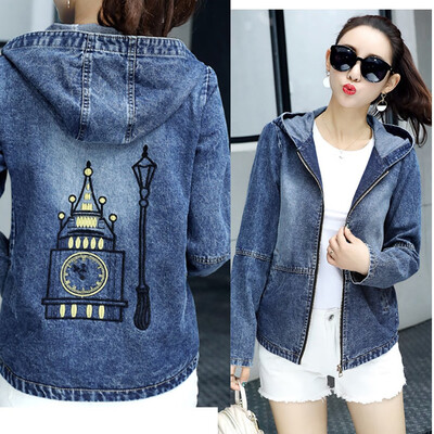 

Toponeto Women Lapel Print Hooded Casual Denim Jeans Jacket Cardigan Coat With Pockets