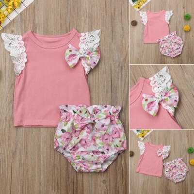 

Toddler Kids Baby Girl Fly Sleeved Bowknot Tops T-Shirt Floral Ruffle Shorts Pants Sunsuit Outfits Summer Clothes Set